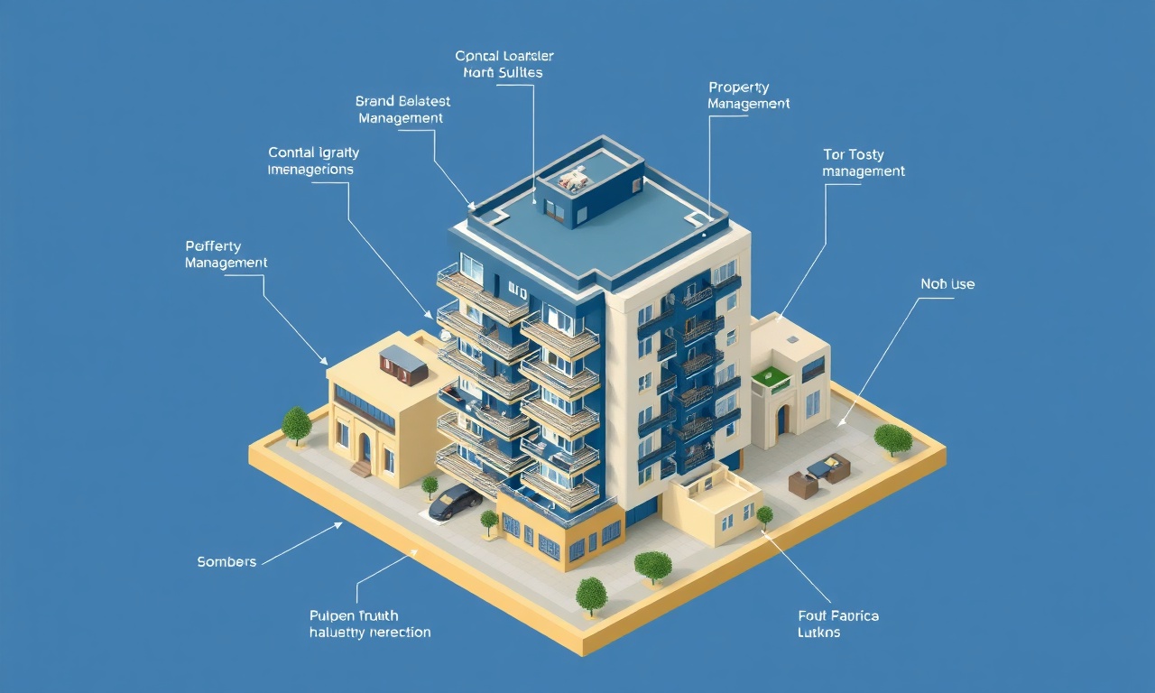 SiteYönetim modüllerini temsil eden izometrik yapı blokları ve Ege kıyısı apartment illüstrasyonu