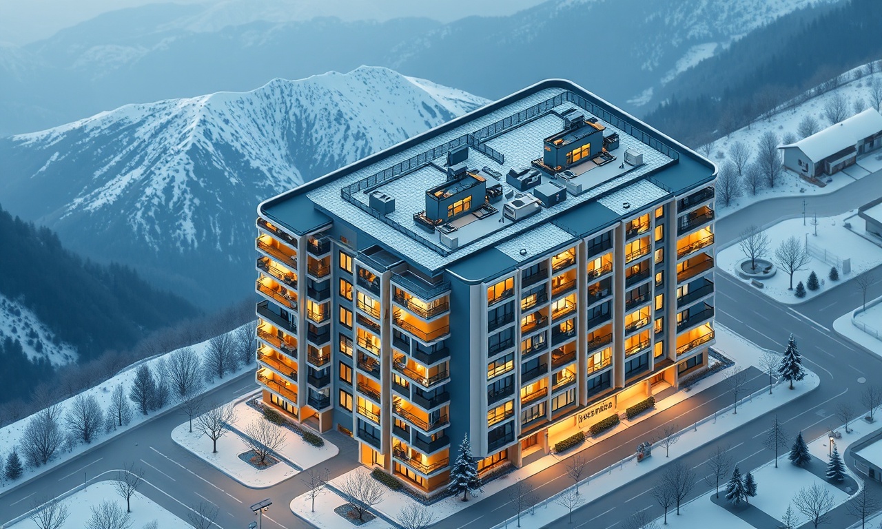 Muş Merkez ilçesinde kış mevsiminde apartman bloku ve dağ silüeti — izometrik illüstrasyon