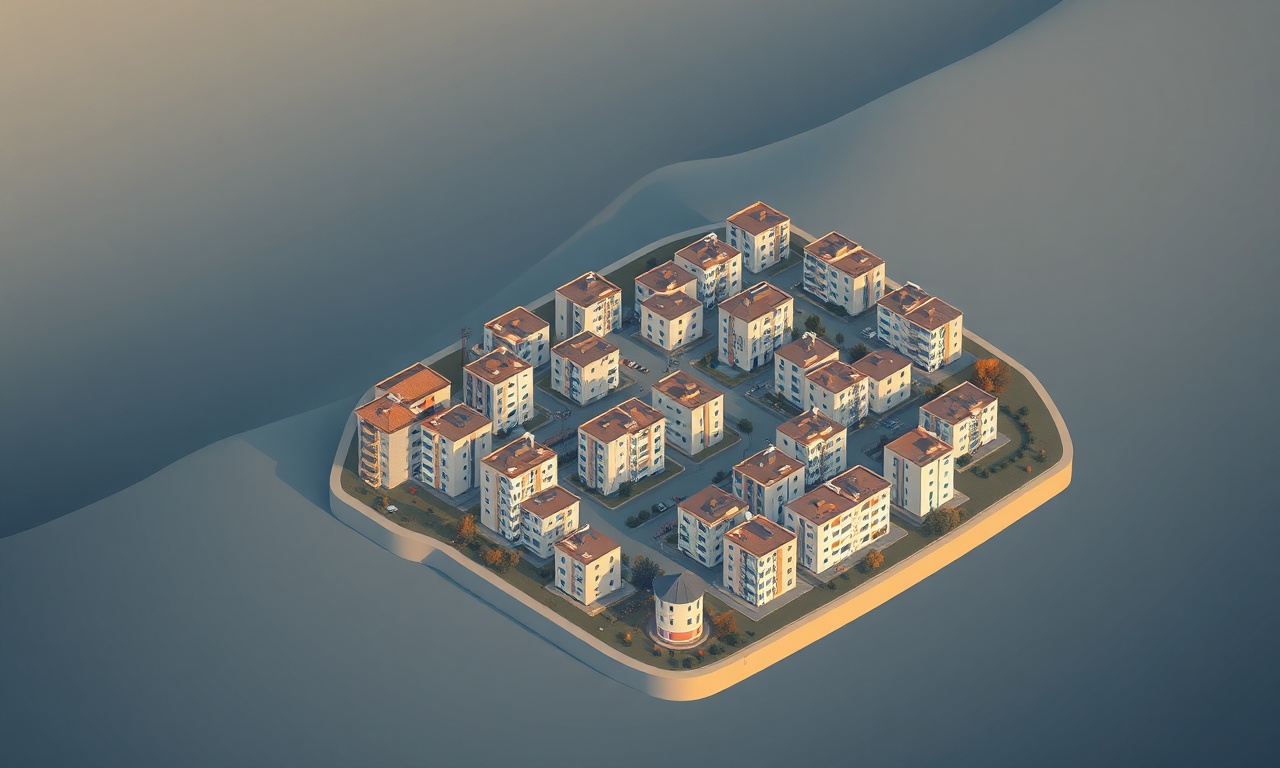 Acigol ilçesinde apartman ve konut bloklarını gösteren izometrik İç Anadolu kasabası illüstrasyonu