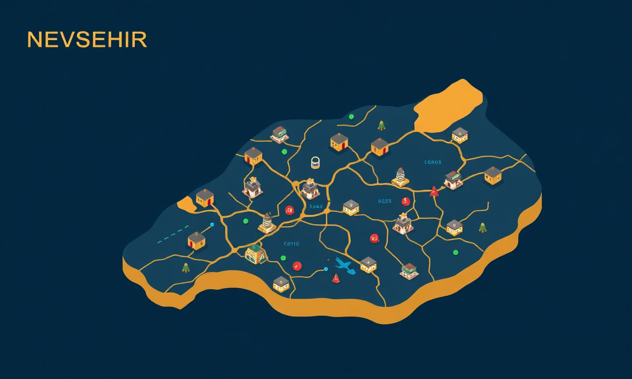 Nevşehir ilçelerini ve konut dokusunu gösteren izometrik harita illüstrasyonu