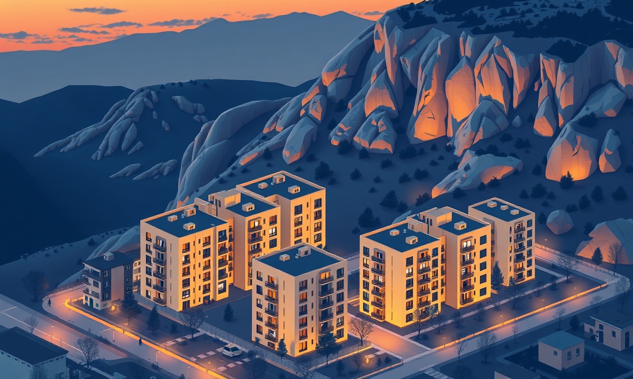 Urgup Nevşehir konut silueti: peri bacaları arka planda, önde modern apartman blokları, lacivert ve altın renk paleti