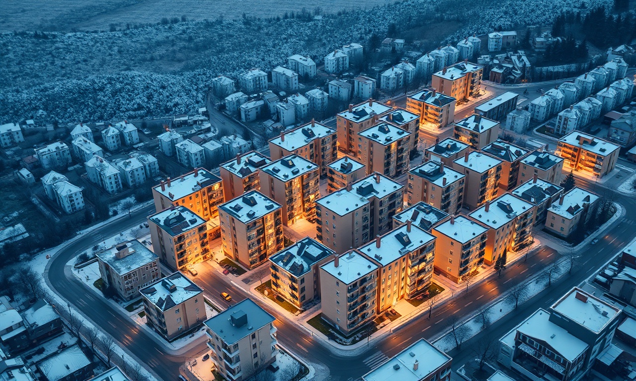 Niğde Merkez'de kışın kar altındaki apartman bloklarının izometrik çizimi, lacivert ve altın renk paleti