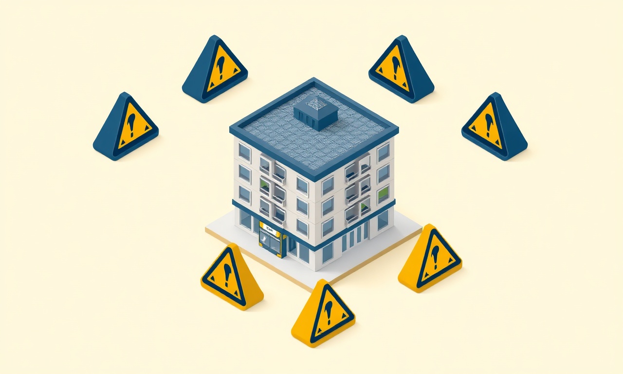 Apartman yöneticisinin sık yaptığı hataları sembolize eden uyarı ikonları ve apartman modeli içeren izometrik illüstrasyon