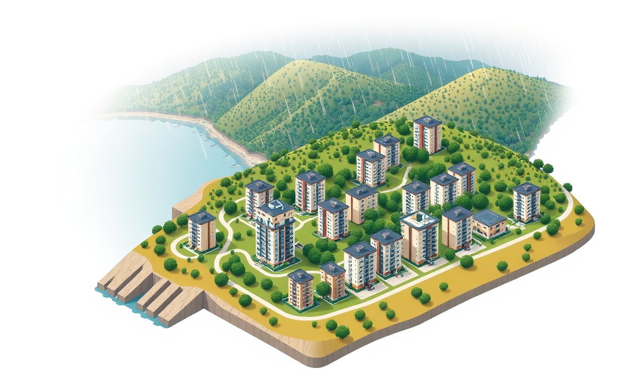Altinordu ilçesi Karadeniz kıyısında apartman binalarının izometrik çizimi, lacivert ve altın renk paleti