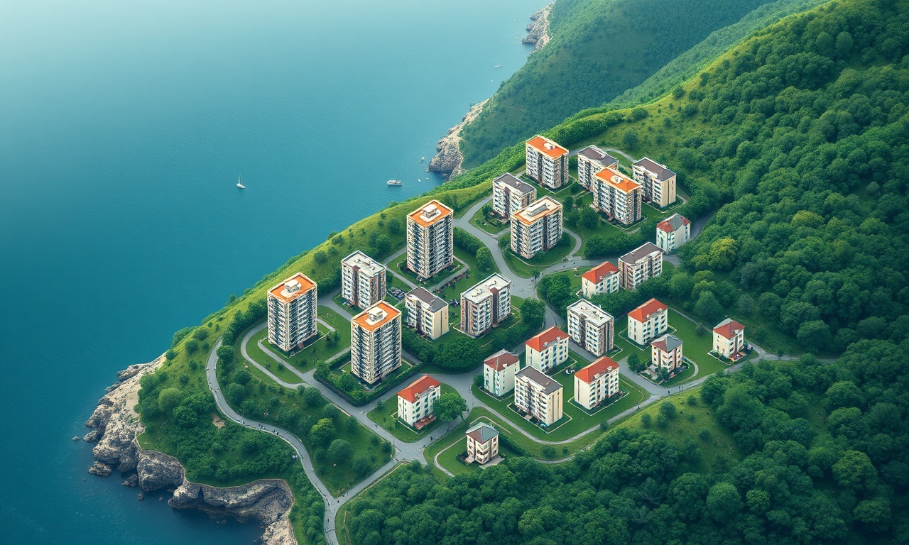 Ordu Camas ilçesi konut silüeti — yeşil yamaçlarda apartman blokları, lacivert ve altın renk paleti