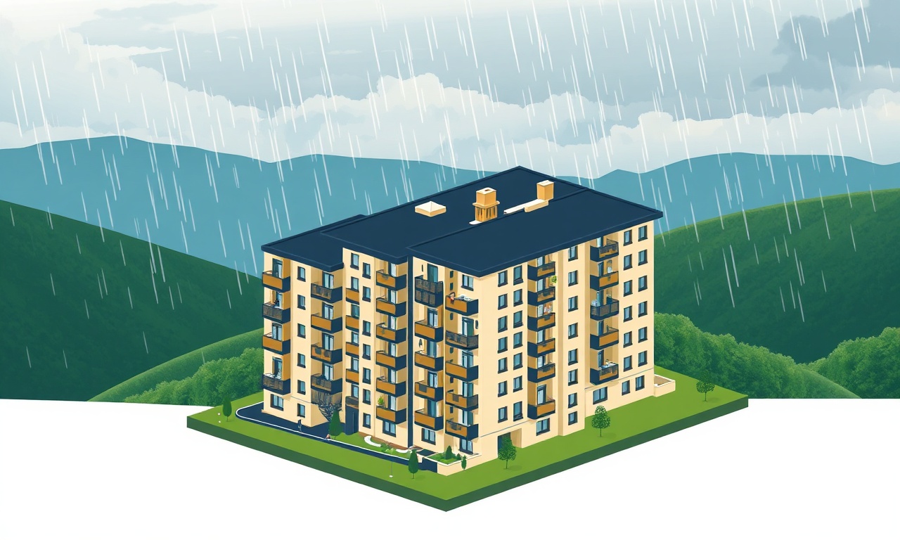 Kabaduz Ordu'da bir apartman binasının Karadeniz iklimiyle bütünleşen izometrik silueti, lacivert ve altın tonlarında
