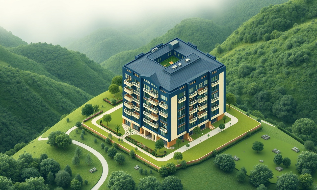 Mesudiye, Ordu'da yeşil tepeler arasında çok katlı bir apartman binasının izometrik illüstrasyonu