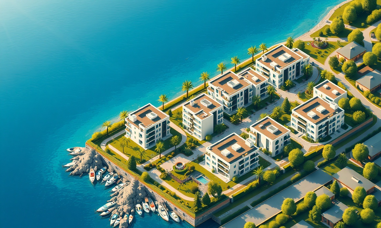 Bahce Osmaniye ilçesinde Akdeniz iklimini yansıtan site ve apartman topluluğu izometrik illüstrasyon