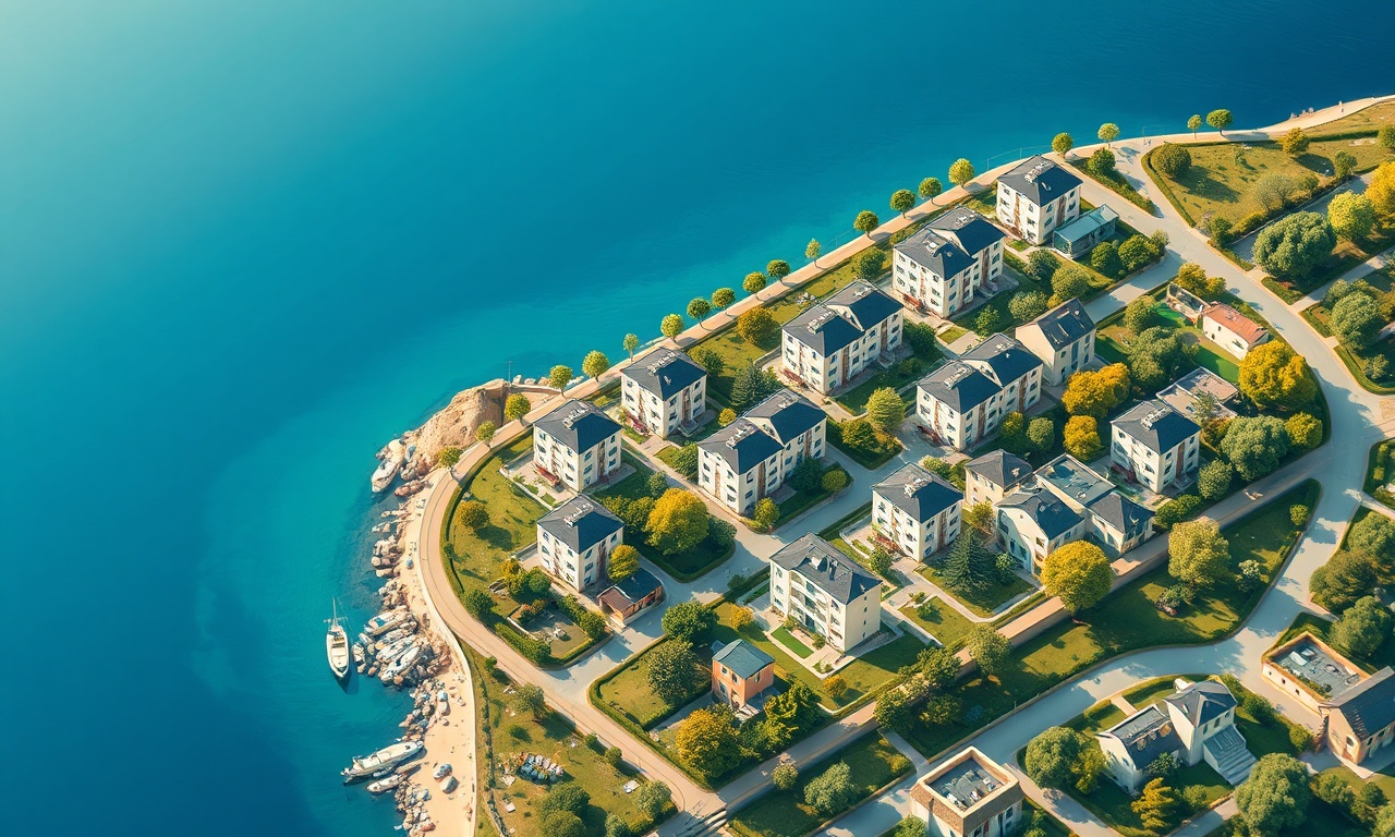 Duzici Osmaniye konut mahallesi, apartman binaları ve yeşil bahçeler, lacivert altın renk paleti