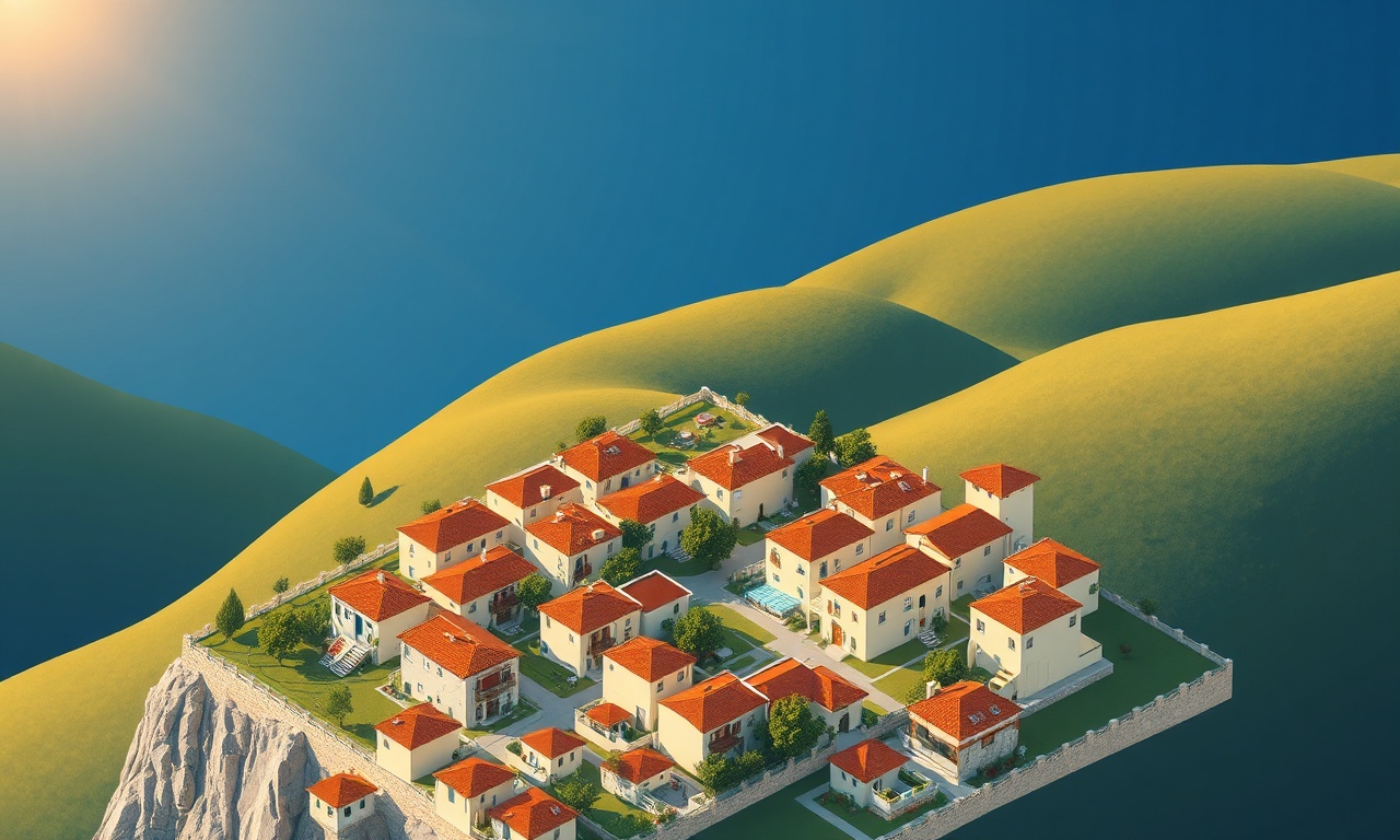 Sumbas ilçesinde Akdeniz iklimli apartman ve konut silueti, lacivert-altın izometrik illüstrasyon