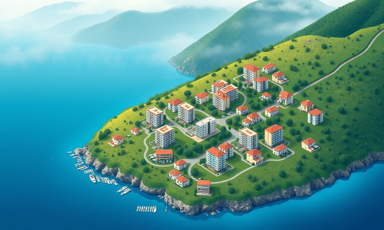 Findikli ve Rize kıyısında yeşil yamaçlara kurulu çok katlı apartmanların izometrik görünümü