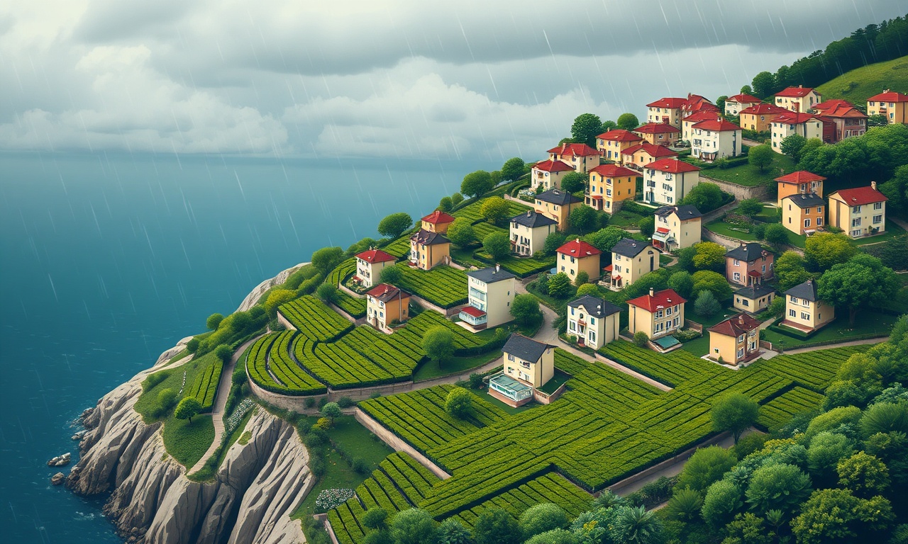 Guneysu Rize ilçesinde Karadeniz kıyısına özgü yeşil tepeler üzerinde apartman ve konut silueti