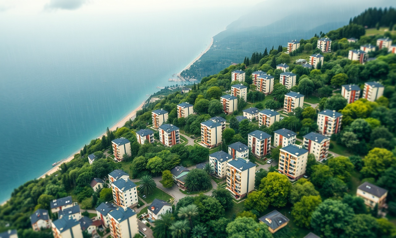 Iyidere ilçesinde apartman binaları, Karadeniz yamaç dokusu