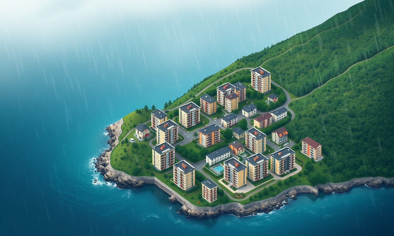 Pazar, Rize ilçesinde Karadeniz kıyısına yakın apartman binaları ve yeşil tepeler