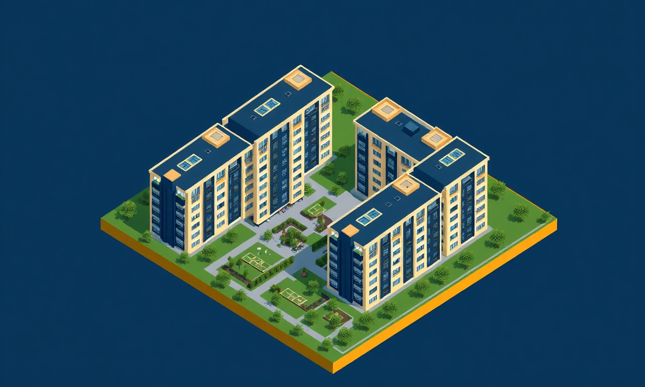 Ferizli Sakarya'da çok katlı konut sitesi izometrik illüstrasyonu, lacivert ve altın renk paleti