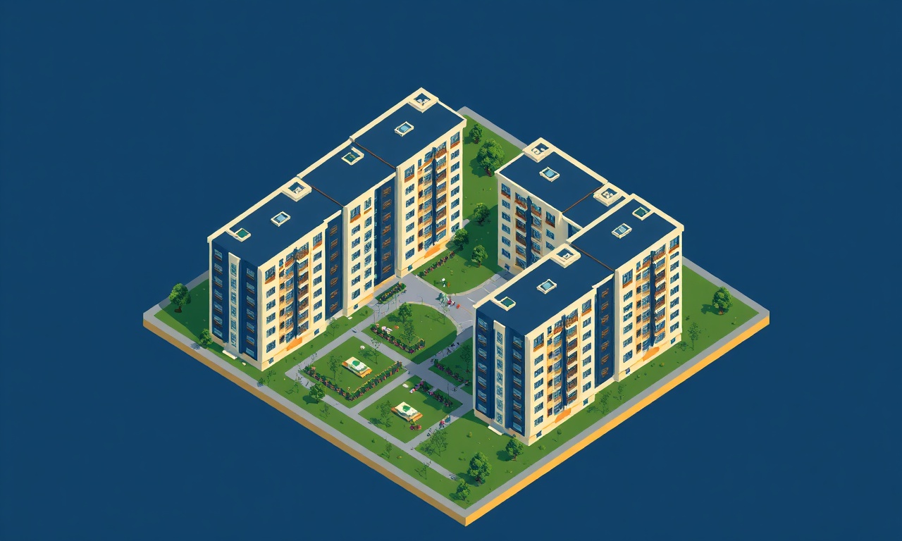 Hendek Sakarya'da çok katlı konut sitesi izometrik illüstrasyonu, lacivert ve altın renk paleti