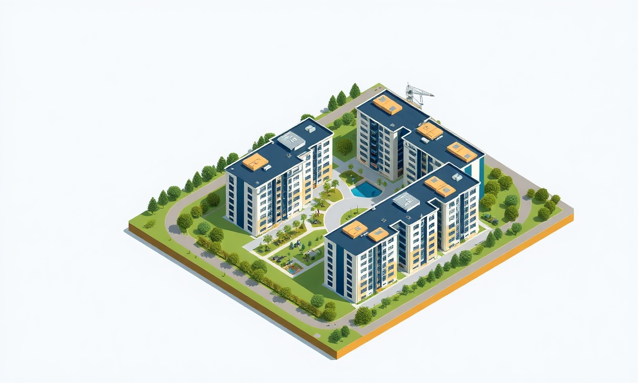 Sapanca'da çok bloklu modern konut sitesi izometrik illüstrasyonu, lacivert ve altın renk paleti