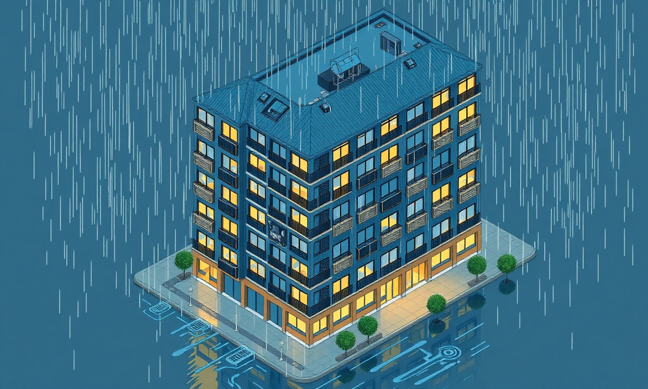 Yağışlı Karadeniz ikliminde drenaj sistemleri olan apartman binası, lacivert altın renk izometrik çizim