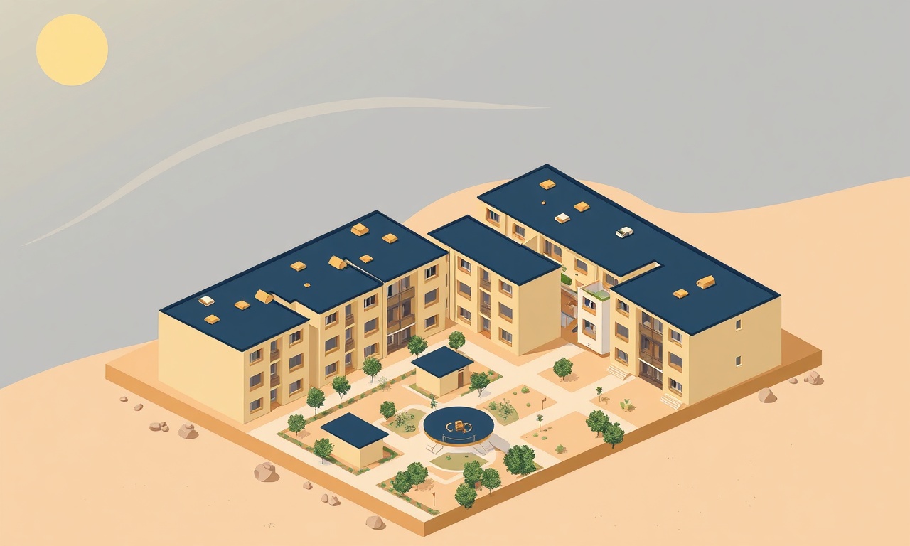 Cizre'de apartman kompleksi — Güneydoğu Anadolu yerleşim silueti, lacivert ve altın rengi çizim