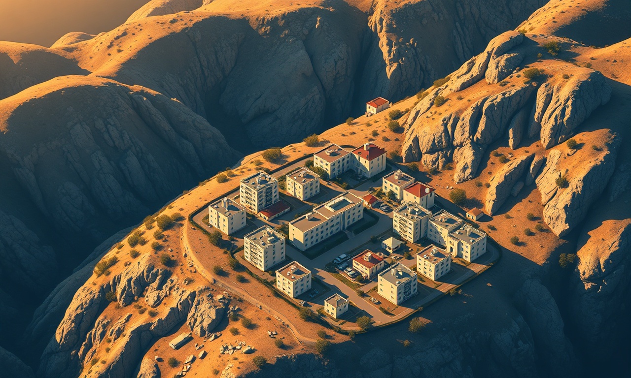 Güneydoğu Anadolu'da bir ilçe merkezinde apartman blokları ve düz çatılı binalar, lacivert ve altın tonlarında izometrik illüstrasyon