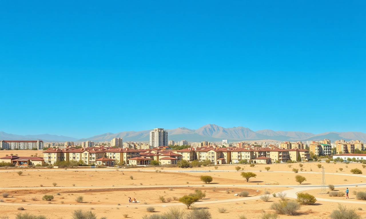 Idil ilçesi Şırnak konut silueti — apartman blokları ve geniş ufuk, lacivert ve altın renk tonu
