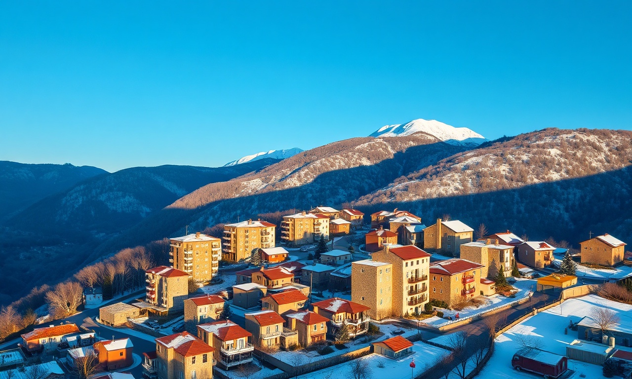 Divrigi, Sivas'ın konut dokusunu yansıtan izometrik illüstrasyon; karasal iklim, apartmanlar ve taş evler