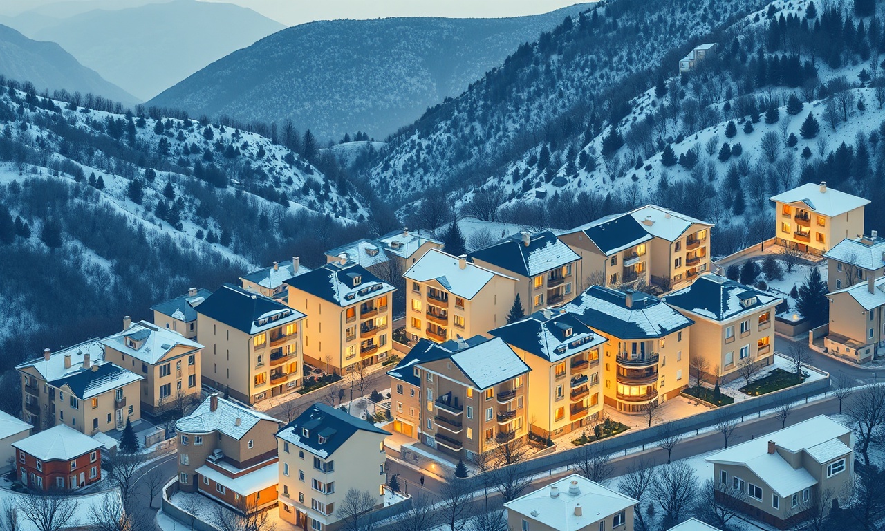 Koyulhisar ilçesinde kış manzarası — apartman blokları ve konut silueti, lacivert-altın ton