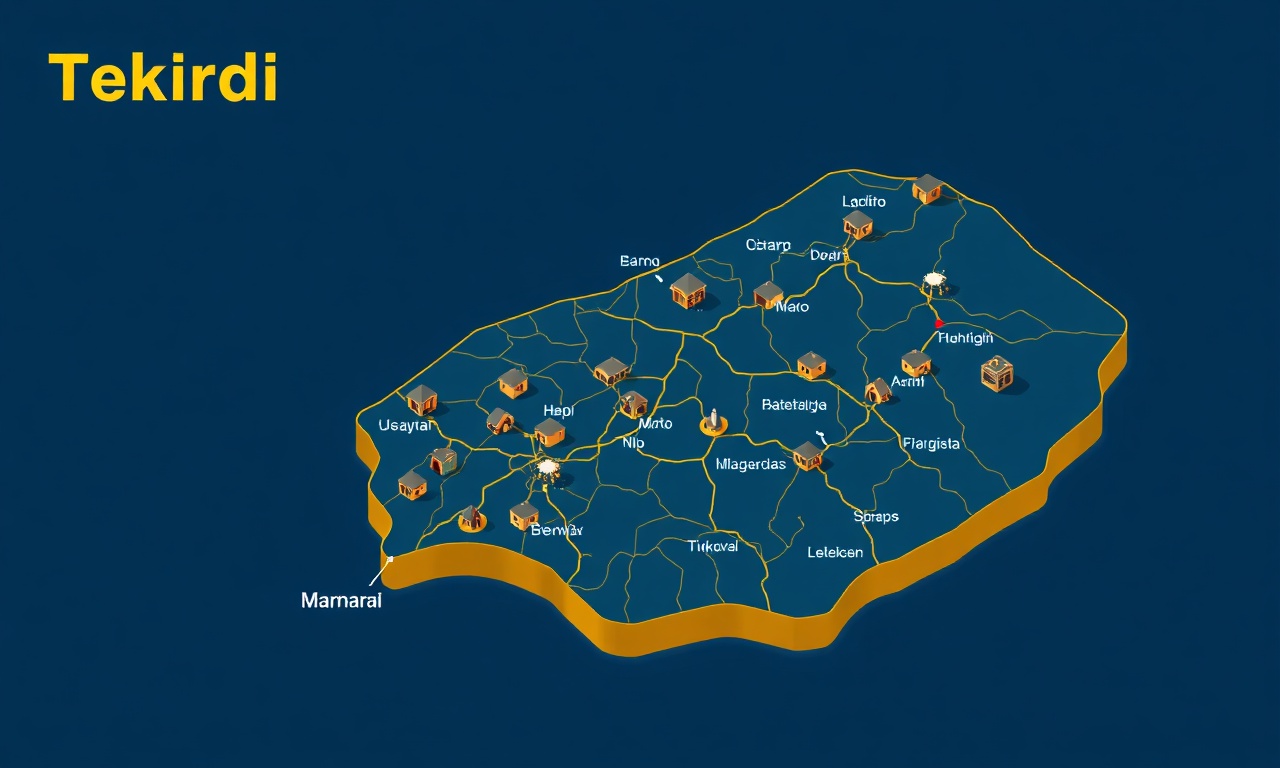 Tekirdağ ili ilçelerini ve Marmara kıyısını gösteren izometrik harita illüstrasyonu