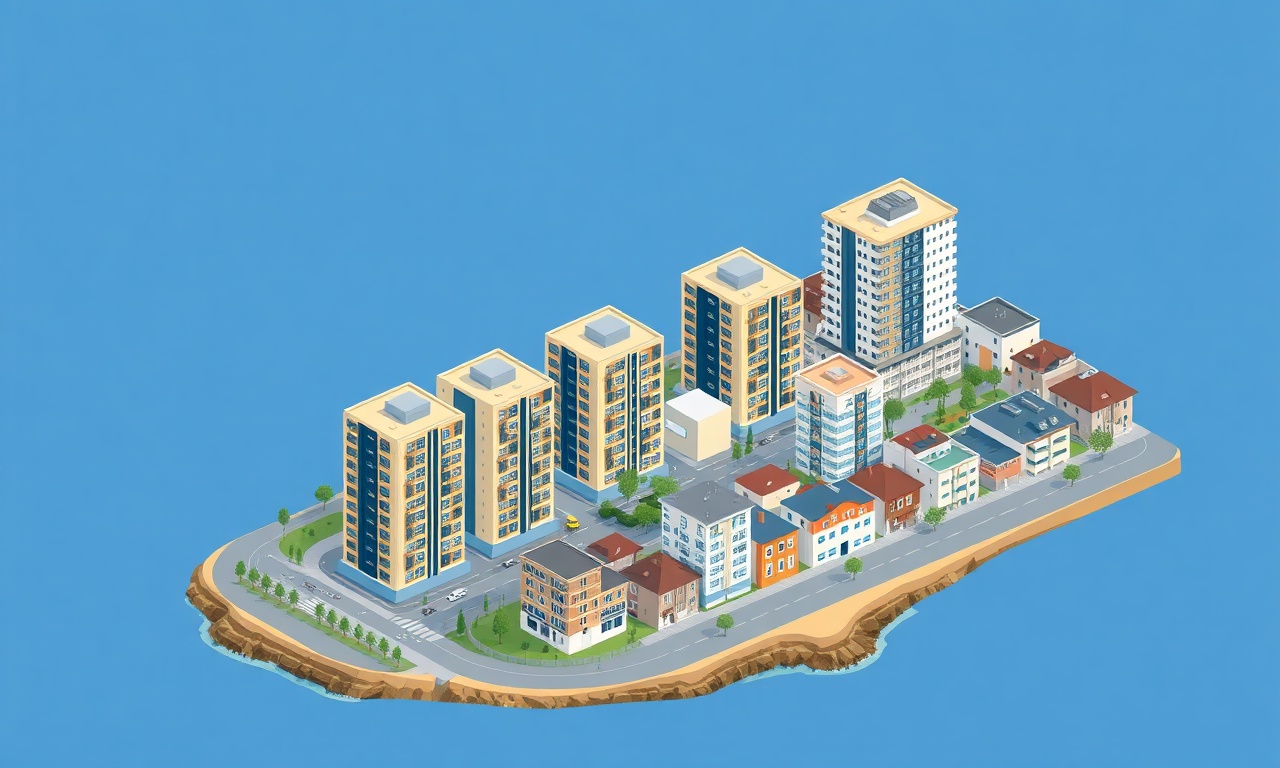 Marmaraereglisi'nde modern apartman blokları ve site yapılarından oluşan Marmara kıyısı konut silueti, lacivert ve altın rengi tonlarında izometrik illüstrasyon