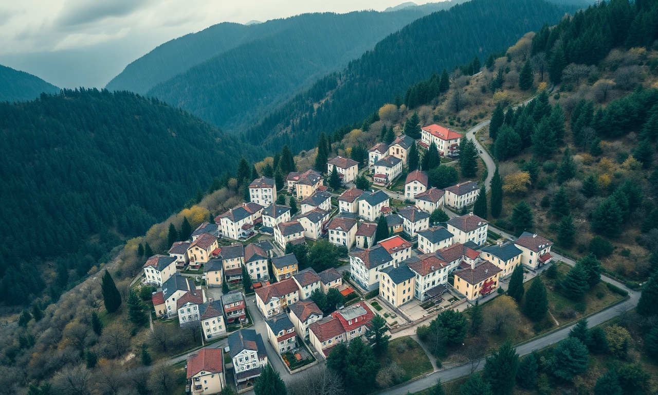 Artova Tokat ilçesinde apartman ve konut dokusu, ormanlık tepeler arasında Karadeniz iklimiyle çevrili