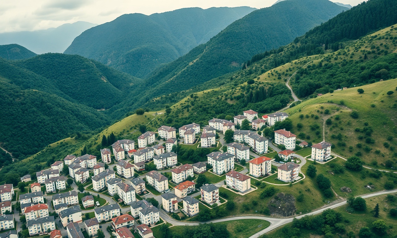 Yesilyurt ilçesinin eğimli arazisine yayılmış apartman ve konut blokları, nemli Karadeniz iklimiyle çevrili
