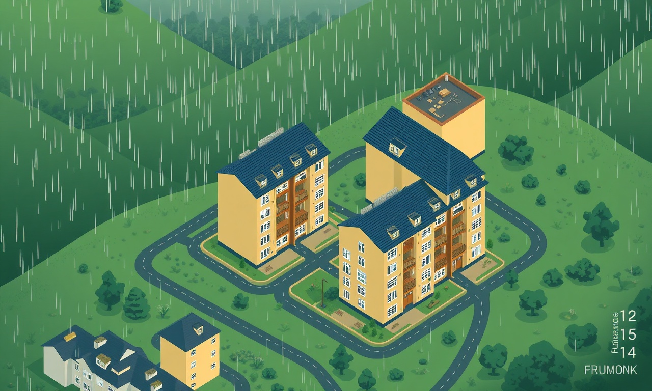 Nemli ve yağışlı iklimde apartman binası drenaj ve çatı bakımını gösteren izometrik illüstrasyon