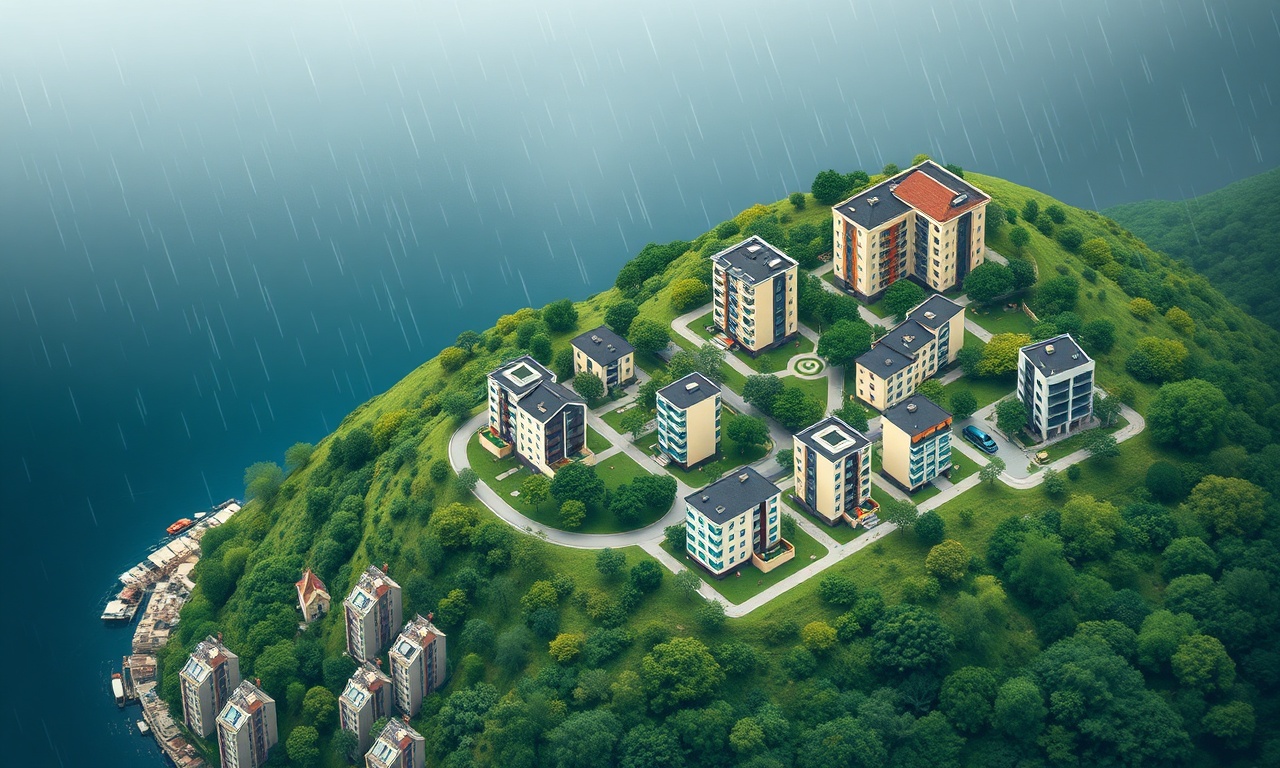 Akcaabat'ta Karadeniz kıyısına yakın yüksek yeşil yamaçta apartmanlar ve modern siteler — hava görünüşü izometrik illüstrasyon