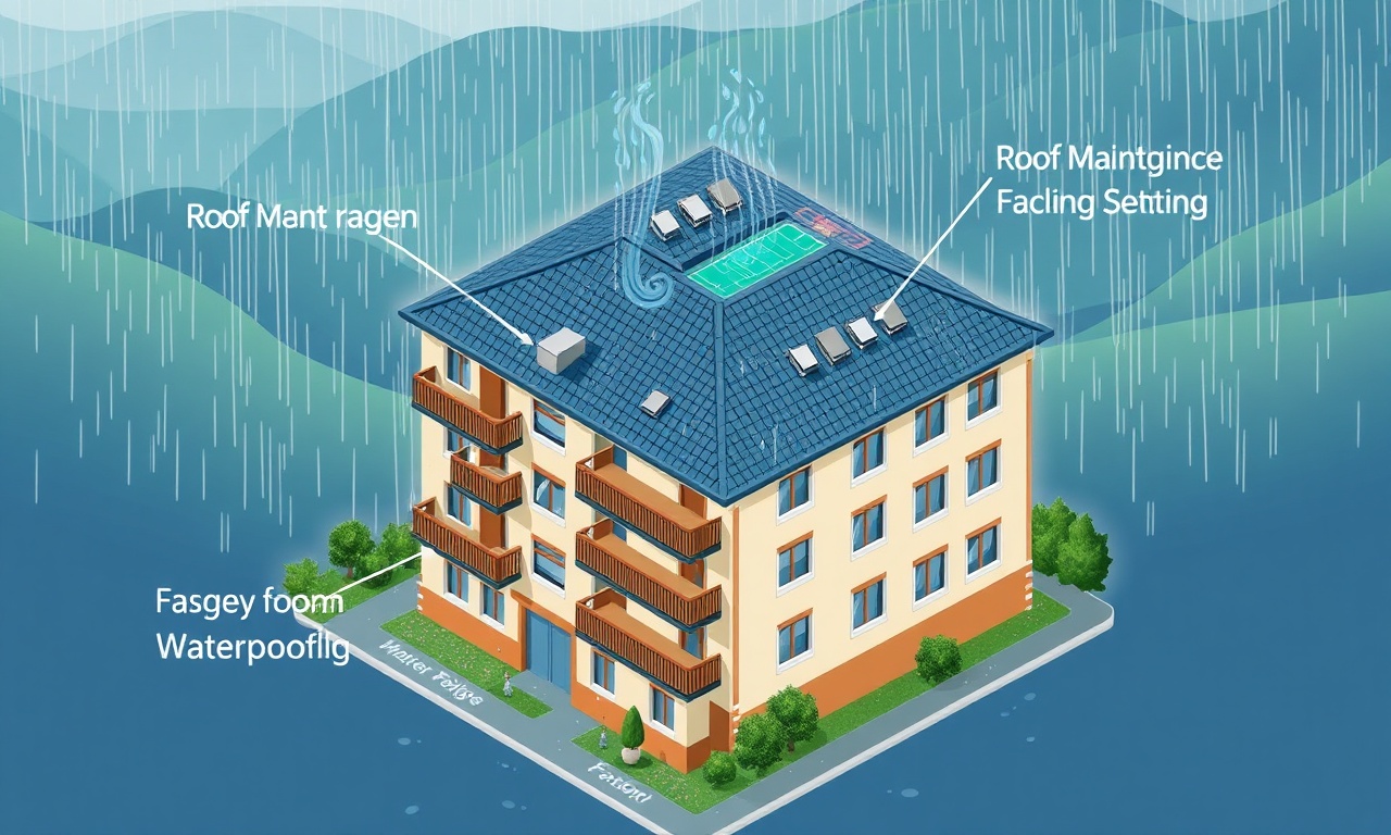 Karadeniz'in yağışlı iklimine karşı çatı drenajı ve cephe yalıtımı — apartman bakım illüstrasyonu