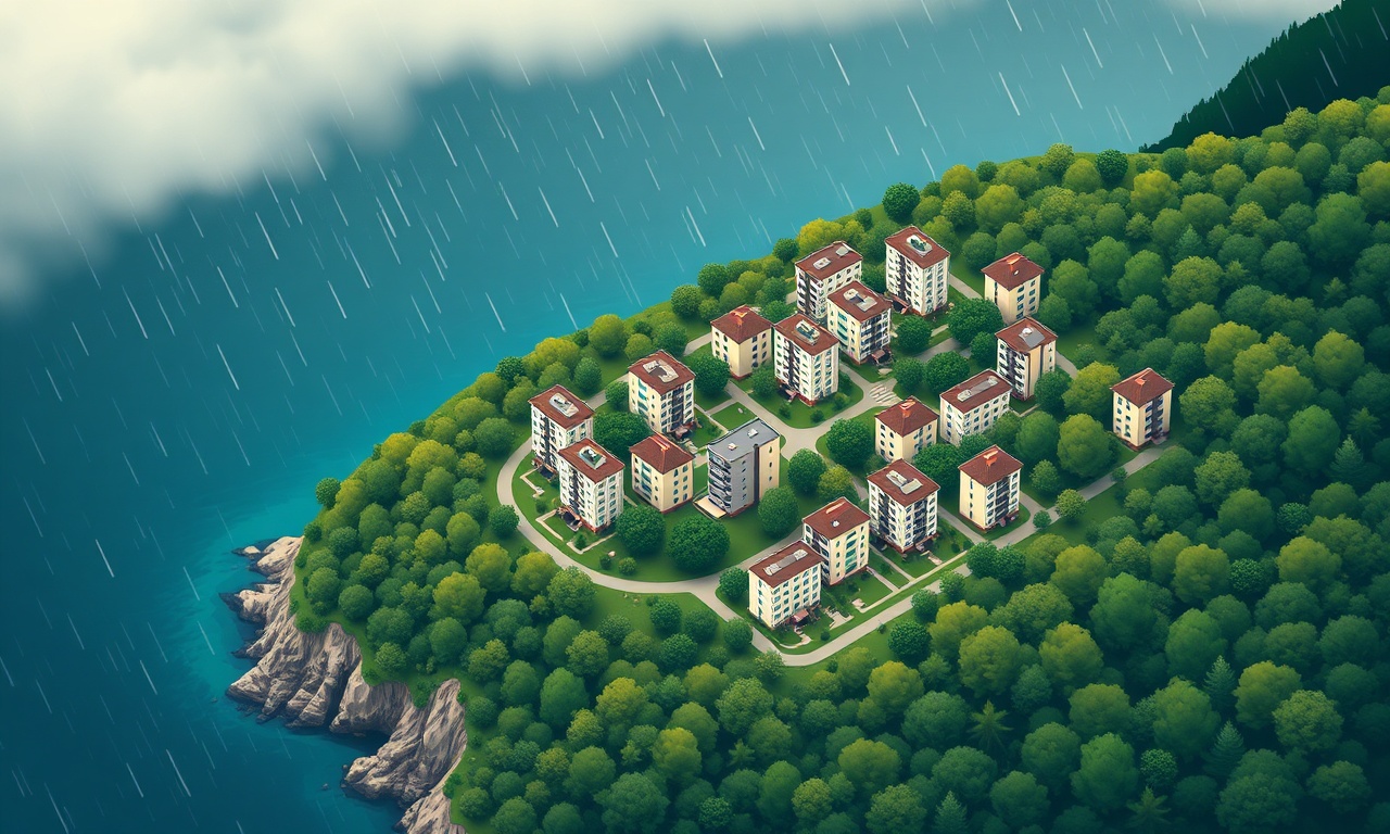 Carsibasi Trabzon'da Karadeniz kıyısına yakın yeşil yamaçlarda apartman ve site silueti illüstrasyonu