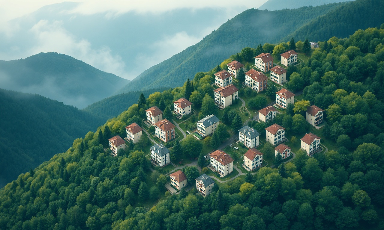 Macka ilçesinde orman yamaçlarına konumlanmış apartman binaları, lacivert ve altın renk tonu