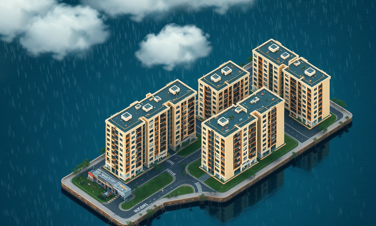 Of ve Doğu Karadeniz'in nemli ikliminin bina yönetimine etkisini gösteren yağmurlu kıyı apartmanları isometrik çizimi