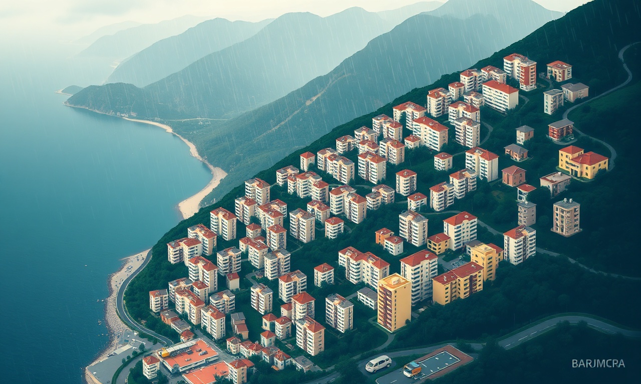 Surmene, Trabzon — Karadeniz kıyısında yamaçlara yayılmış apartman blokları ve yeşil dağ silueti