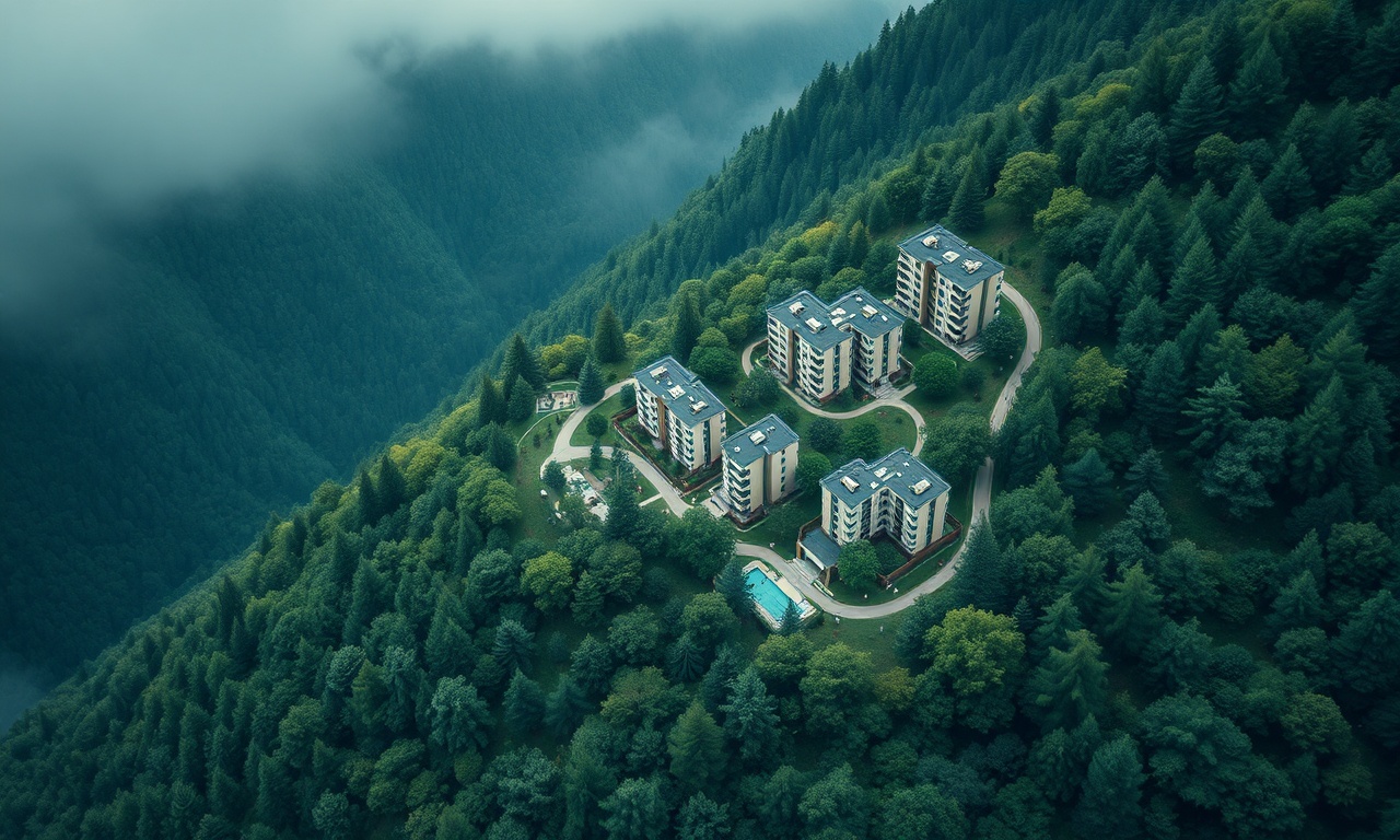 Karadeniz bölgesinde eğimli yeşil yamaçta site ve apartman kompleksi, lacivert ve altın tonları, mimari editöryal illüstrasyon