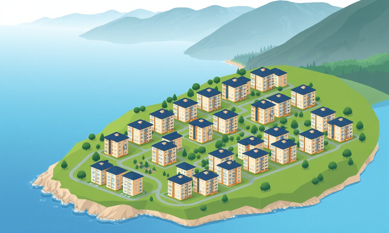 Vakfikebir Trabzon konut dokusu — yeşil dağlar ve Karadeniz arka planında apartman binaları, lacivert ve altın tonları