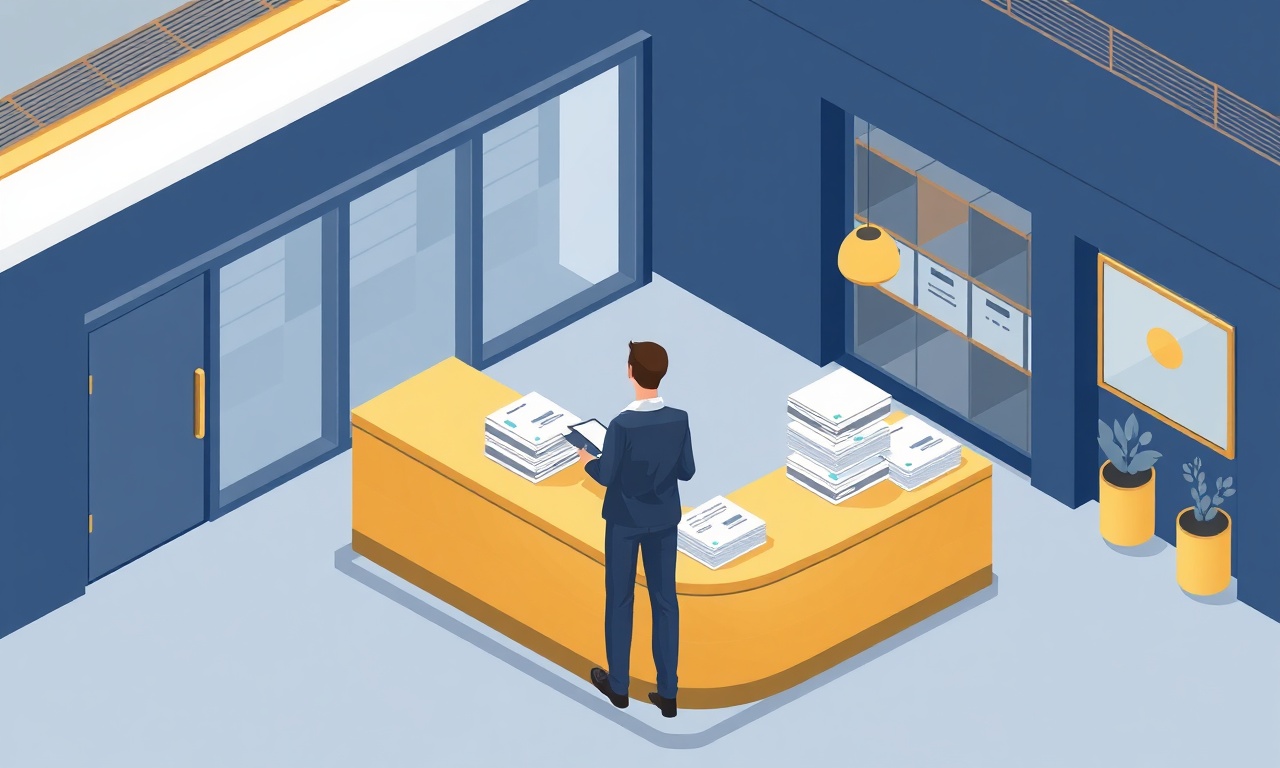 Yeni site yöneticisinin devir-teslim belgelerini incelediği apartman lobisi illüstrasyonu