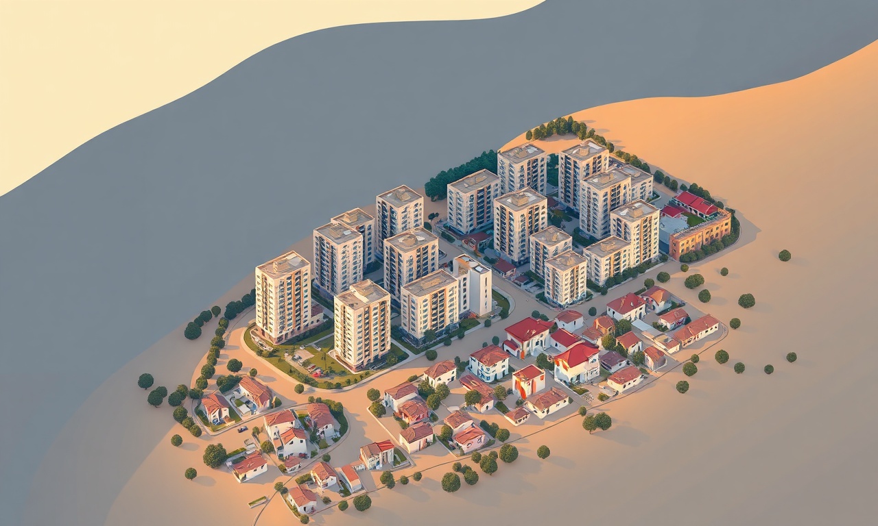 Uşak Merkez ilçesi karma konut dokusu — apartman binaları ve müstakil yapılar, Ege yamaçları, izometrik illüstrasyon