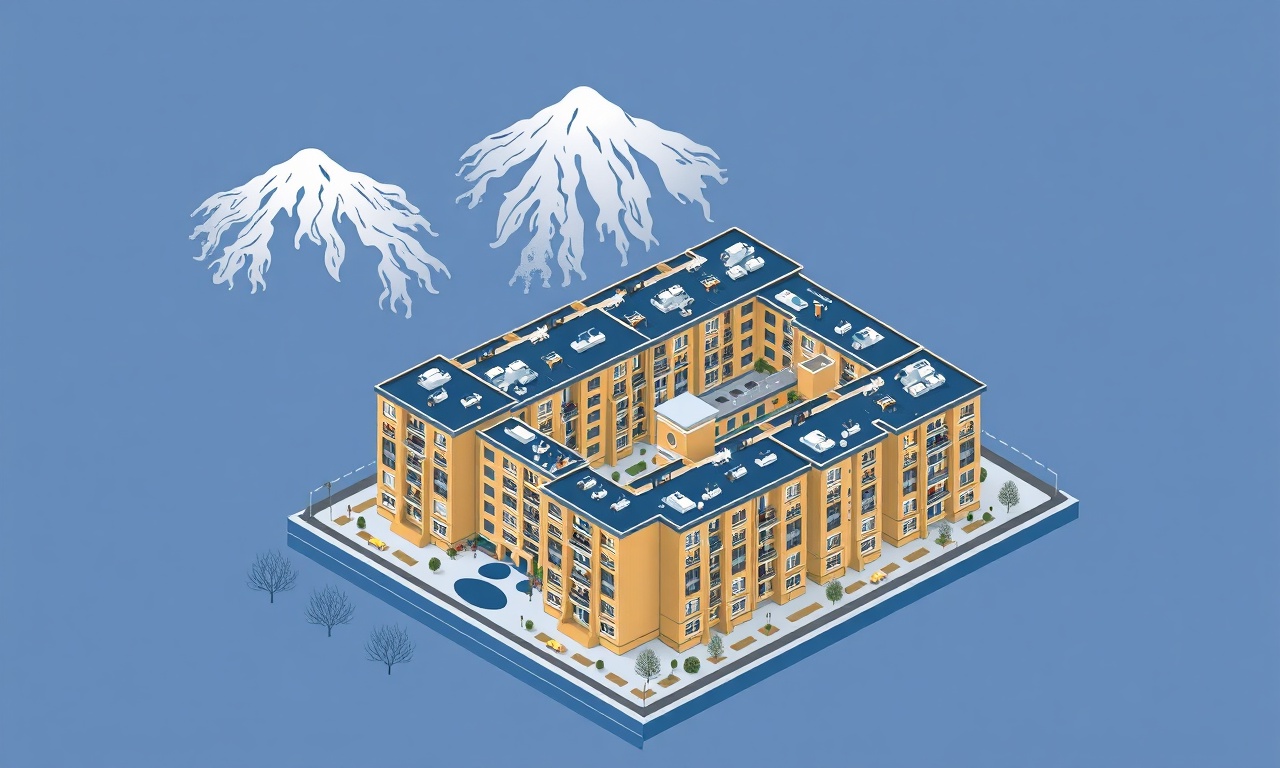Edremit Van ilçesinde apartman kompleksi izometrik görseli, karlı dağlar arka planda, lacivert ve altın ton