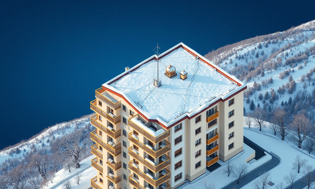 Van ili Gurpinar ilçesinde kışın karlı dağ manzarasıyla çevrili apartman binası illüstrasyonu