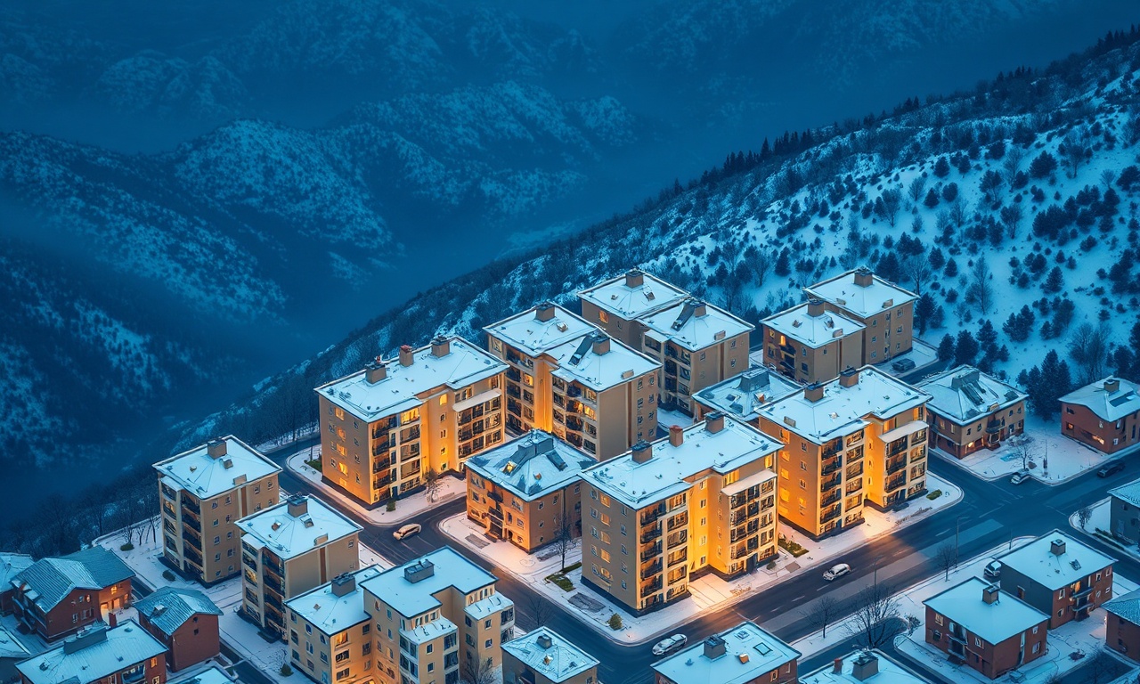 Muradiye Van kış manzarası — kar örtülü apartman blokları ve dağ silueti
