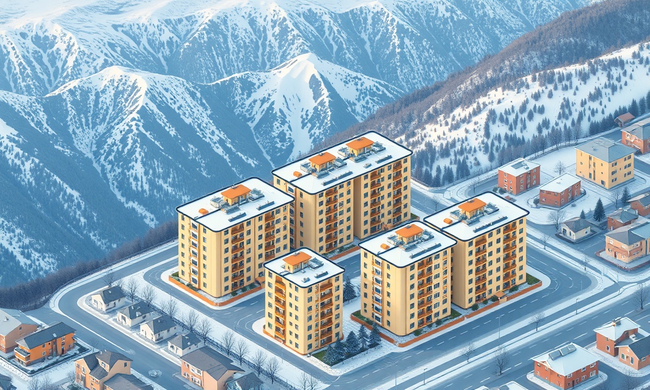 Ozalp Van ilçesinde kış manzarasında apartman binaları ve dağ silüeti, lacivert altın renk paleti