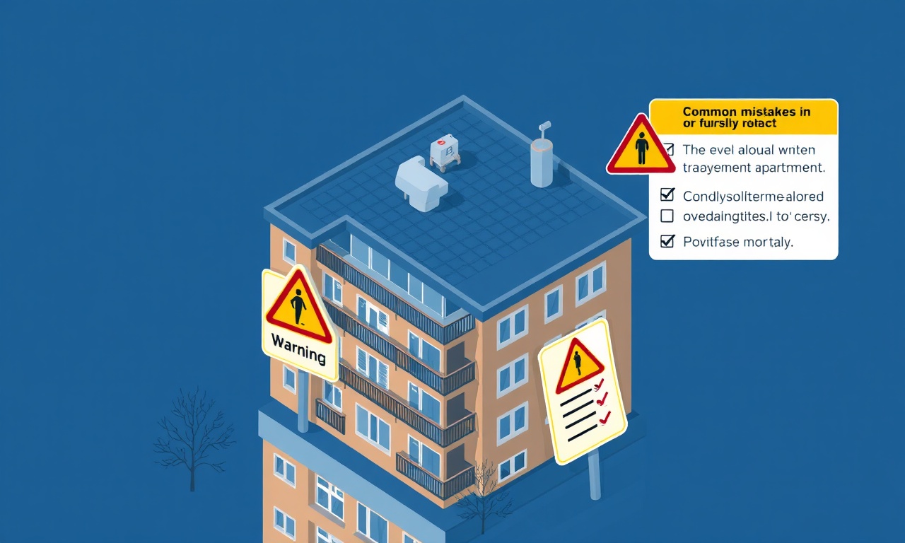 Apartman yönetiminde sık yapılan hataları uyarı işaretleri ve kontrol listeleriyle gösteren izometrik illüstrasyon