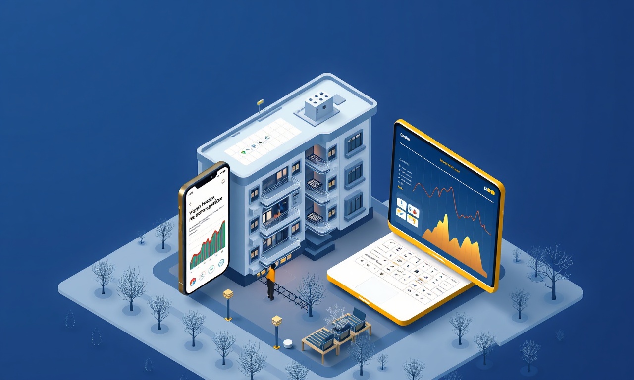 AI destekli site yönetim platformu panosu, mobil ve masaüstü arayüzleri, lacivert ve altın renk paleti, Doğu Anadolu kış mimarisi arka planı