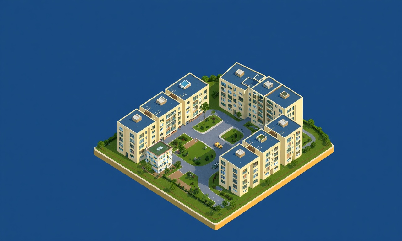 Yalova Merkez ilçesinde çok katlı konut sitesi izometrik illüstrasyonu, lacivert ve altın renk paleti