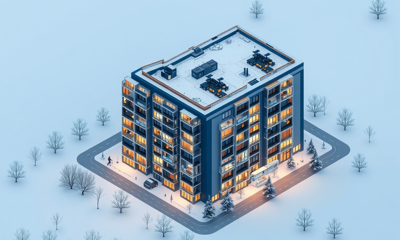 Cayiralan Yozgat'ta kışın bir apartman bloğunun izometrik görünümü, lacivert ve altın renk paleti